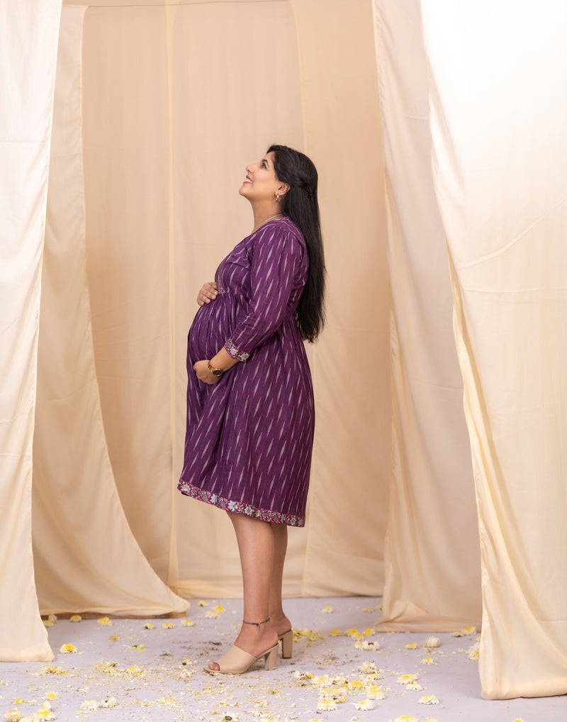 Elegant Purple Ikkat Dress With Blossom Border-Western-Ekana Label