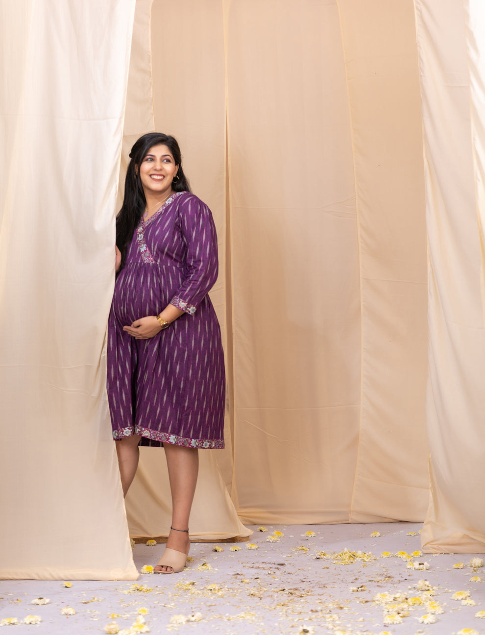 Elegant Purple Ikkat Dress With Blossom Border-Western-Ekana Label