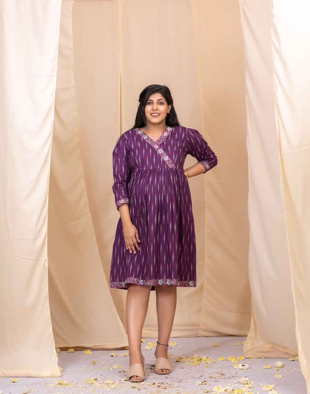 Elegant Purple Ikkat Dress With Blossom Border-Western-Ekana Label