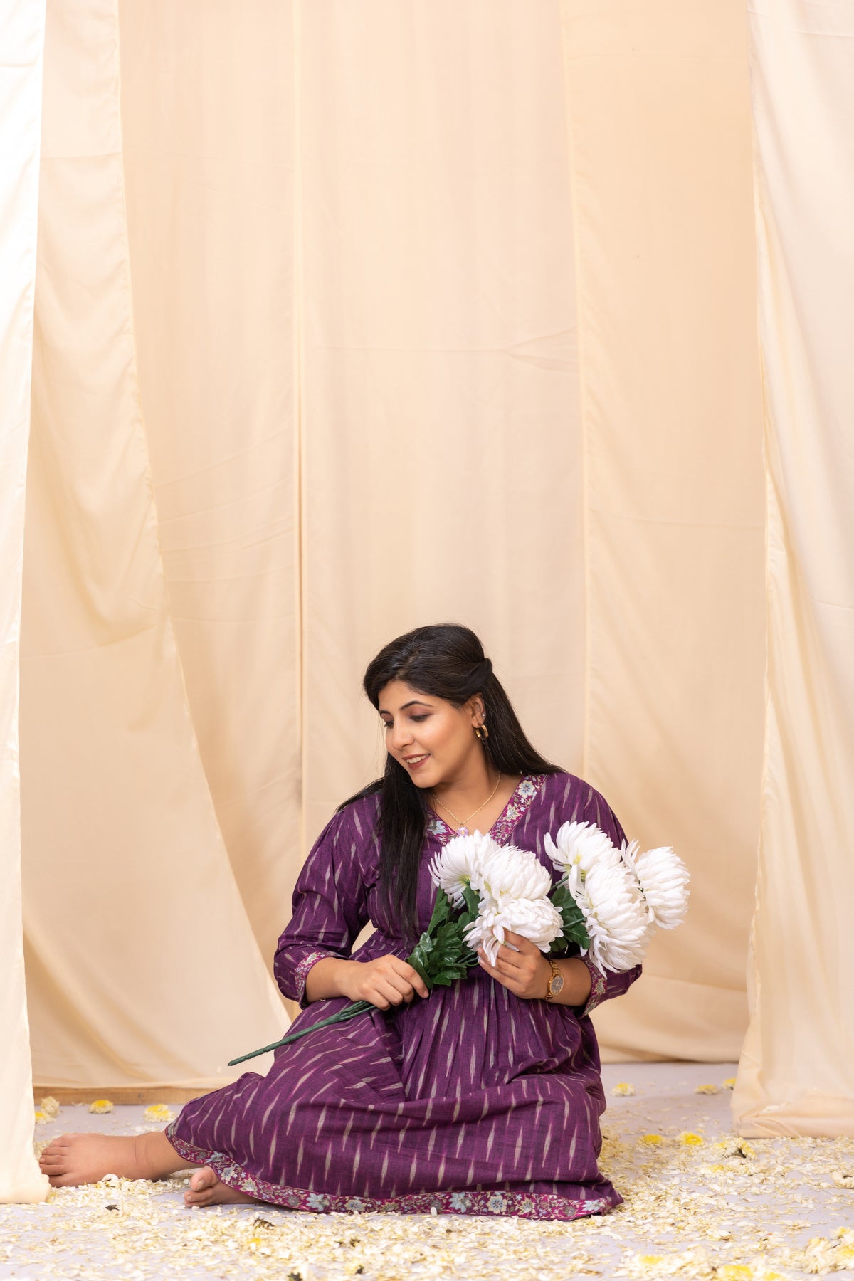 Elegant Purple Ikkat Dress With Blossom Border-Western-Ekana Label