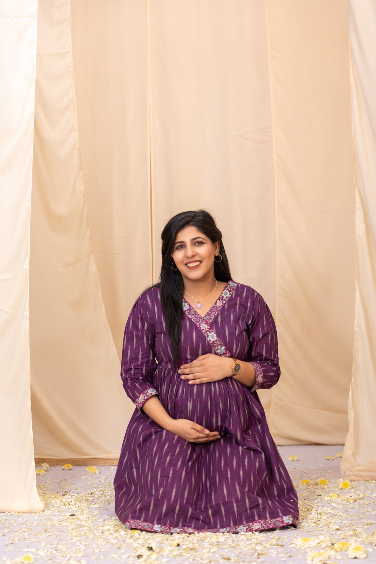 Elegant Purple Ikkat Dress With Blossom Border-Western-Ekana Label
