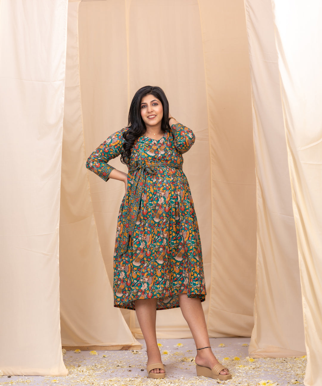Peacock Paradise Green Kalamkari Dress With Belt-Western-Ekana Label