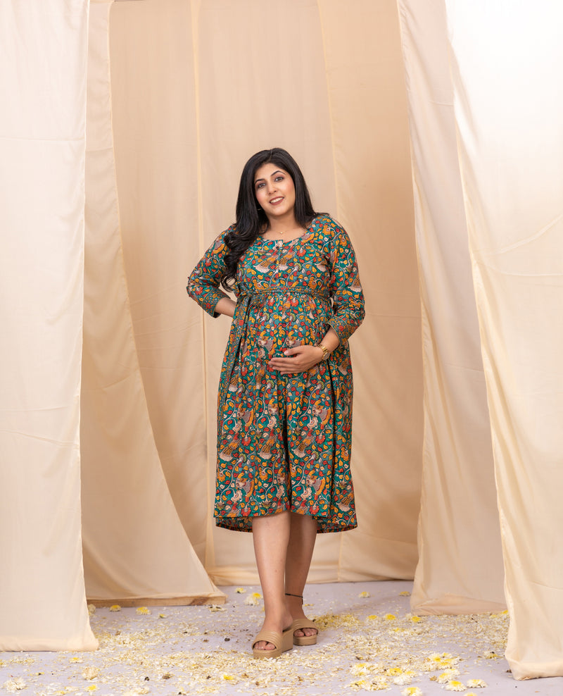 Peacock Paradise Green Kalamkari Dress With Belt-Western-Ekana Label