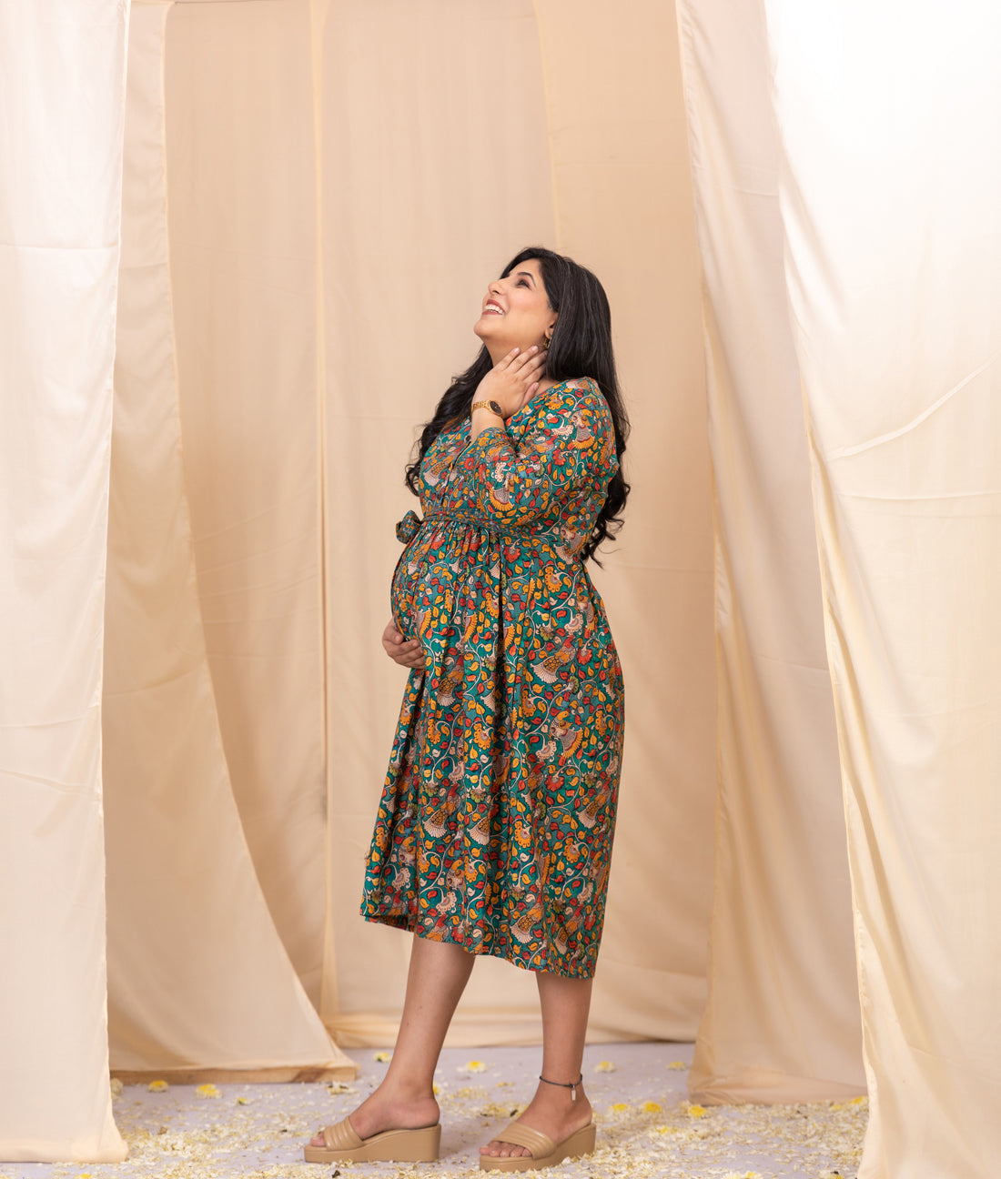 Peacock Paradise Green Kalamkari Dress With Belt-Western-Ekana Label