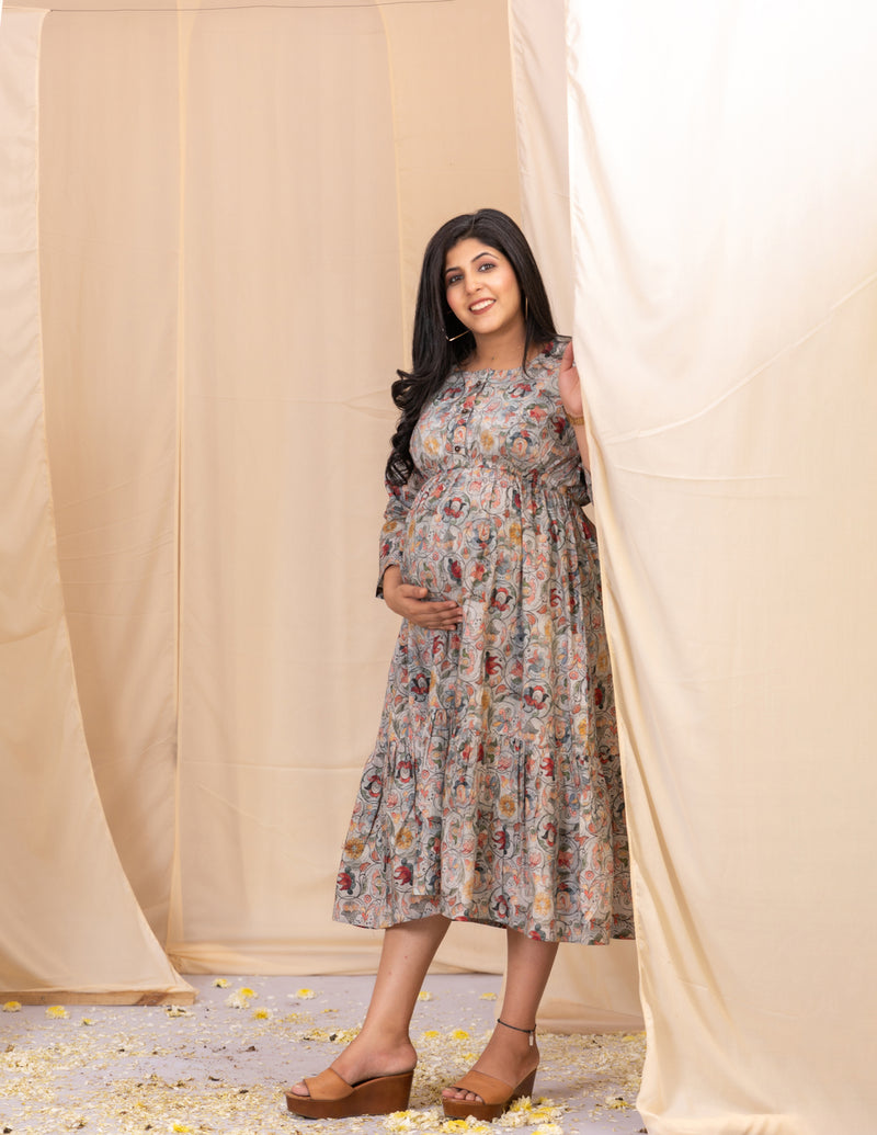 Floral Fantasy Kalamkari Gathered Dress-Western-Ekana Label