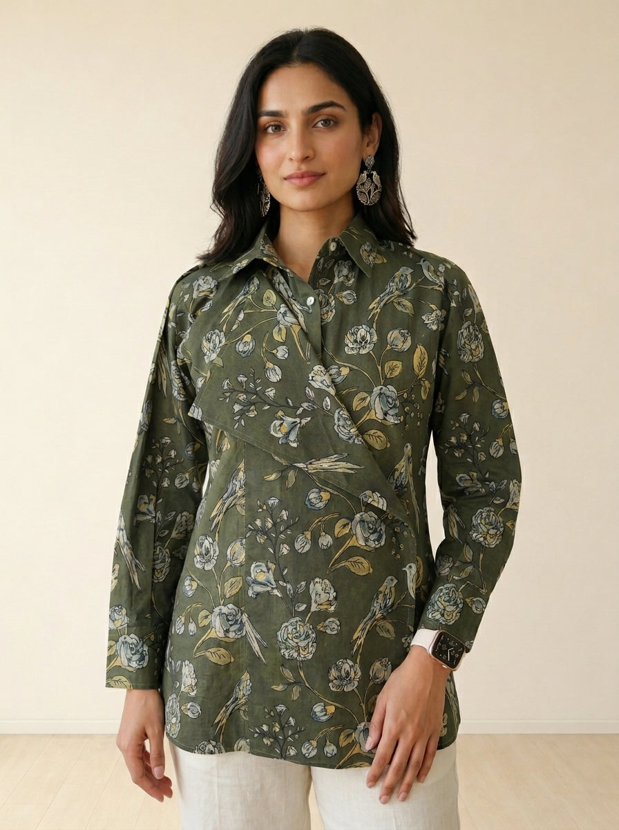 Olive Green Overlap Detail Shirt