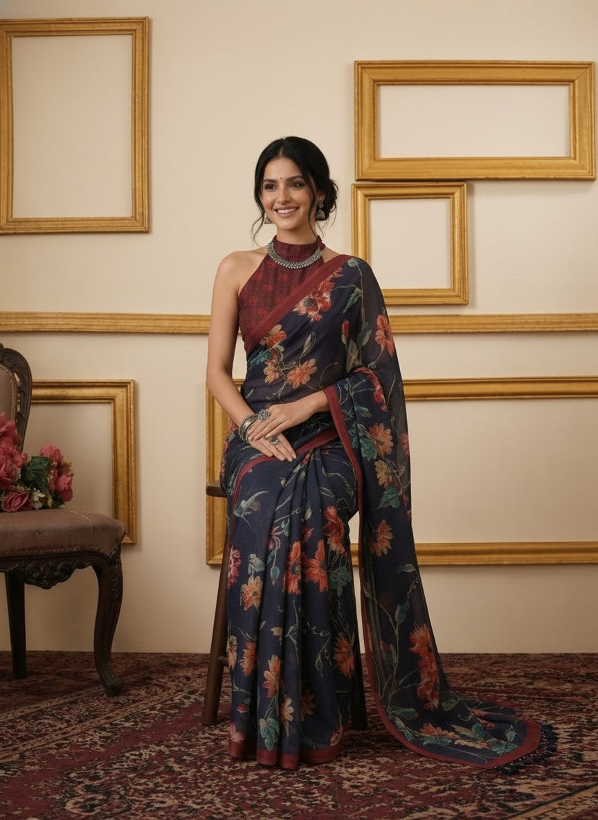 Midnight Phoolkari Saree