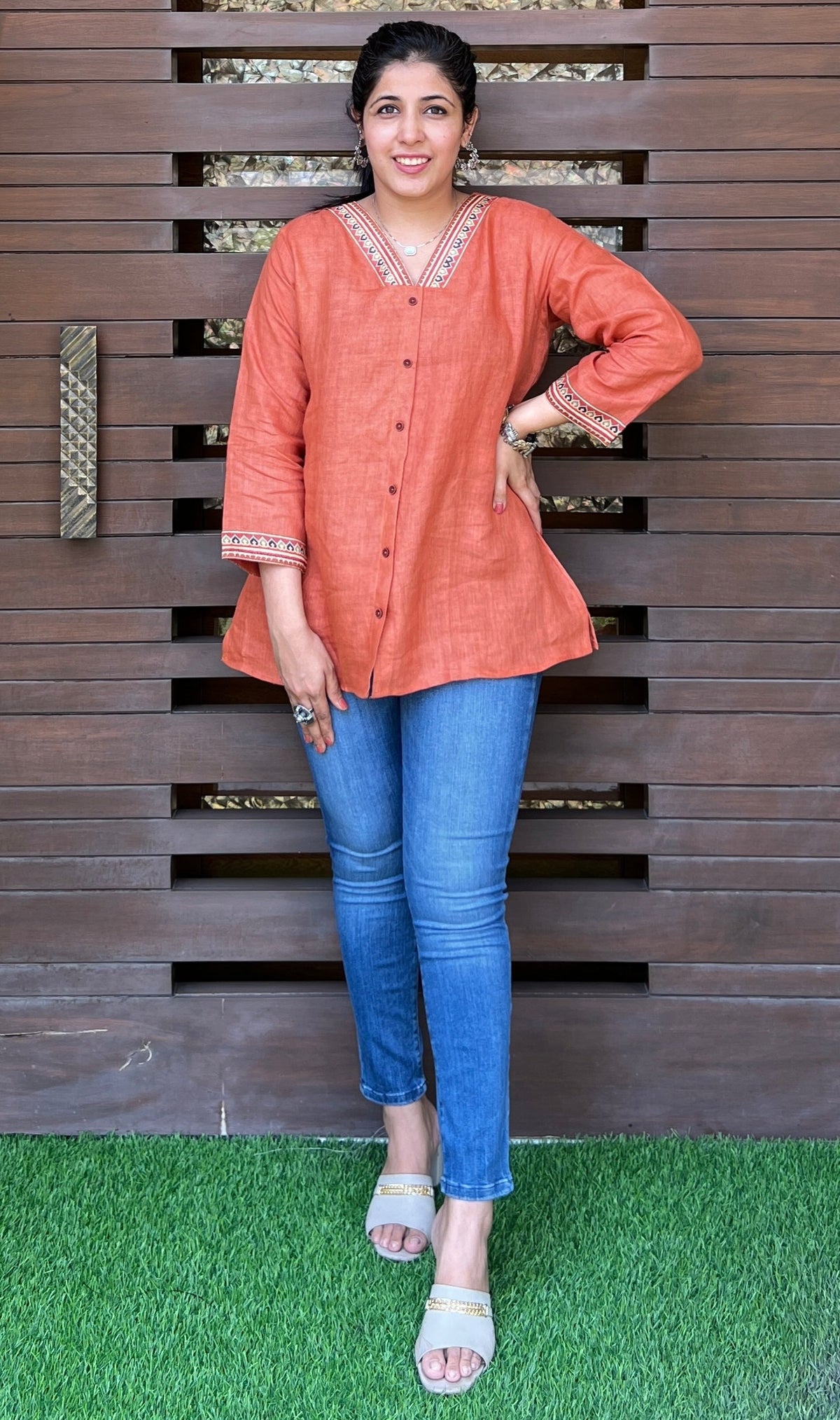 V-Neck Petal Haven Orange Shirt-shirts-Ekana Label