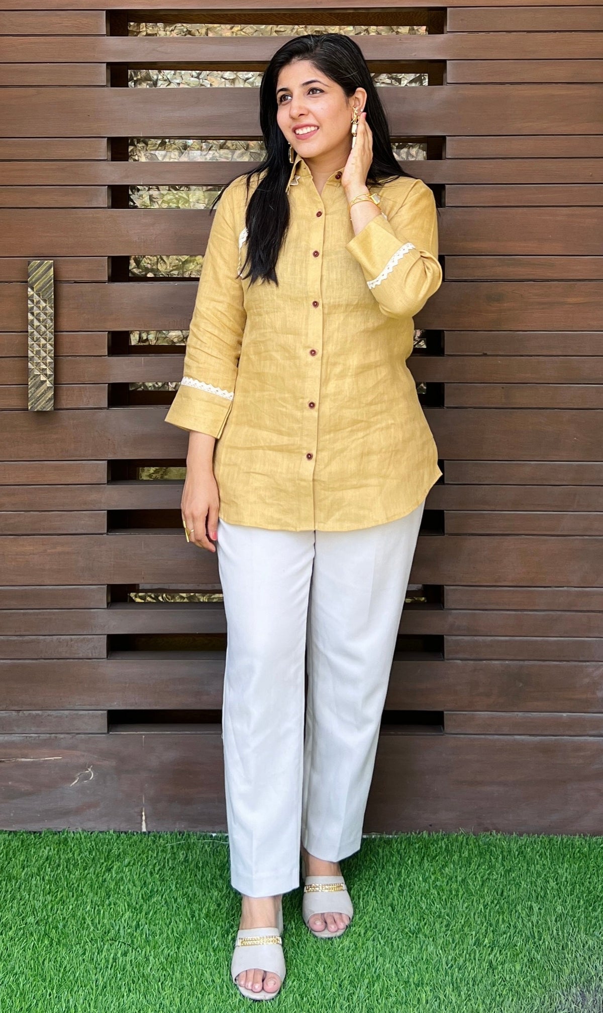Mustard Lace Linen Shirt-shirts-Ekana Label
