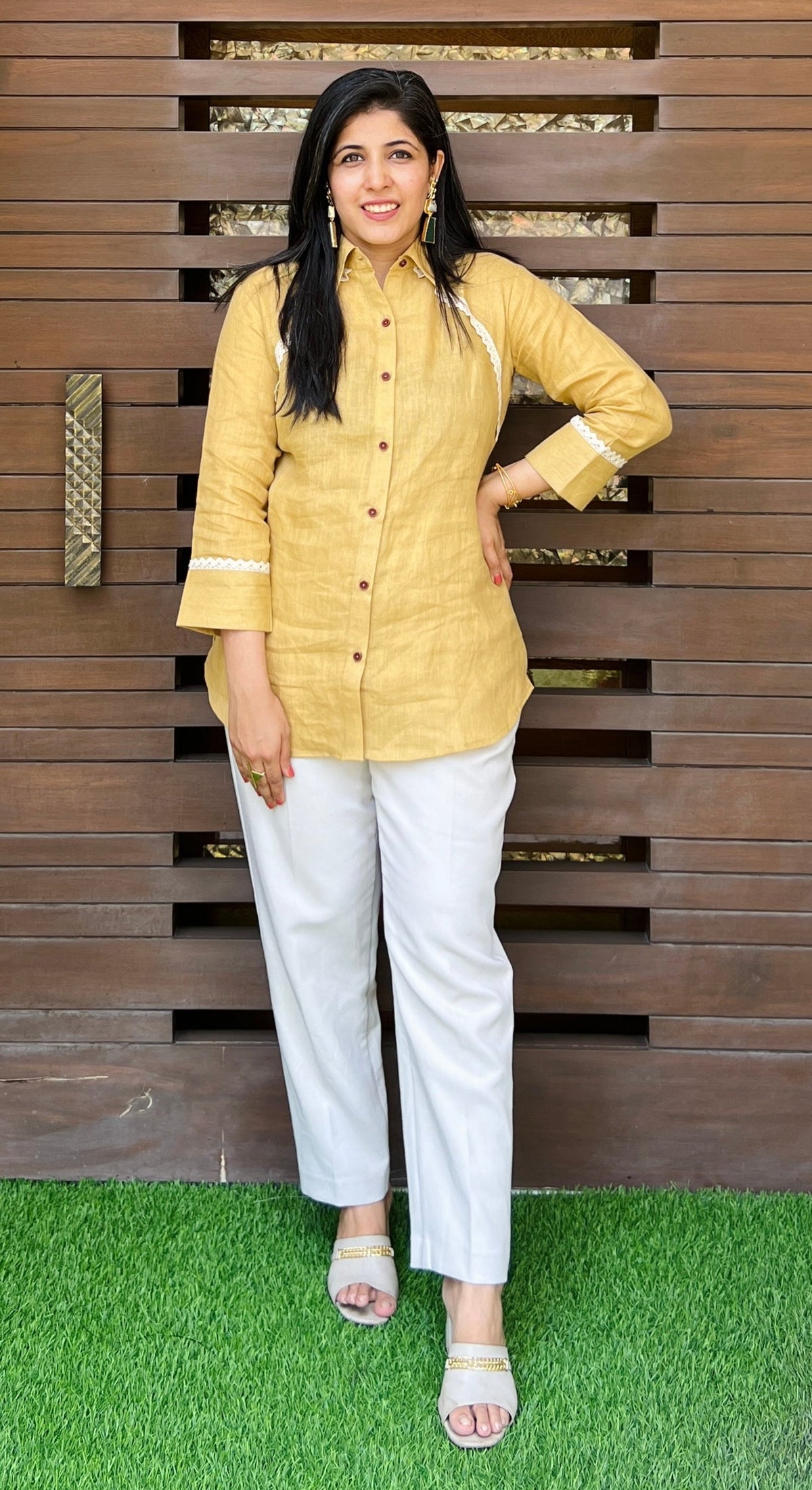 Mustard Lace Linen Shirt-shirts-Ekana Label