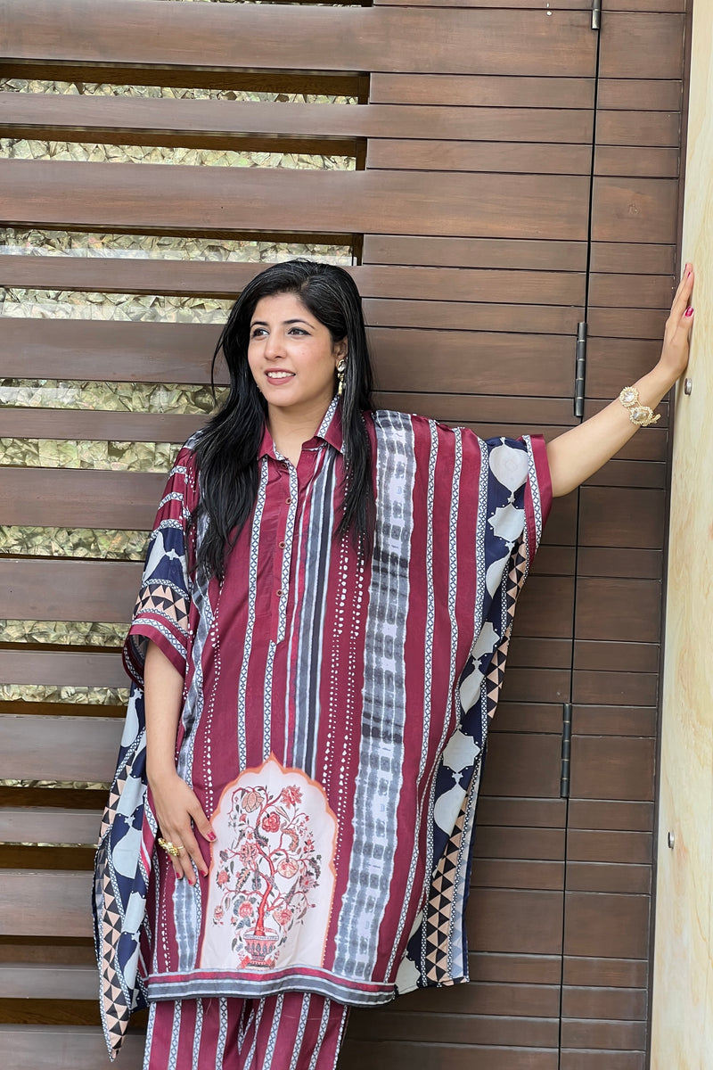 Maroon Majesty Kaftan Set-Kurta Set-Ekana Label