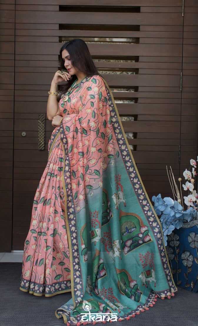Coral Floral Saree-Saree-Ekana Label