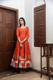 Orange Ochre Floral Gown With Dupatta