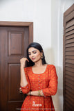 Orange Ochre Floral Gown With Dupatta