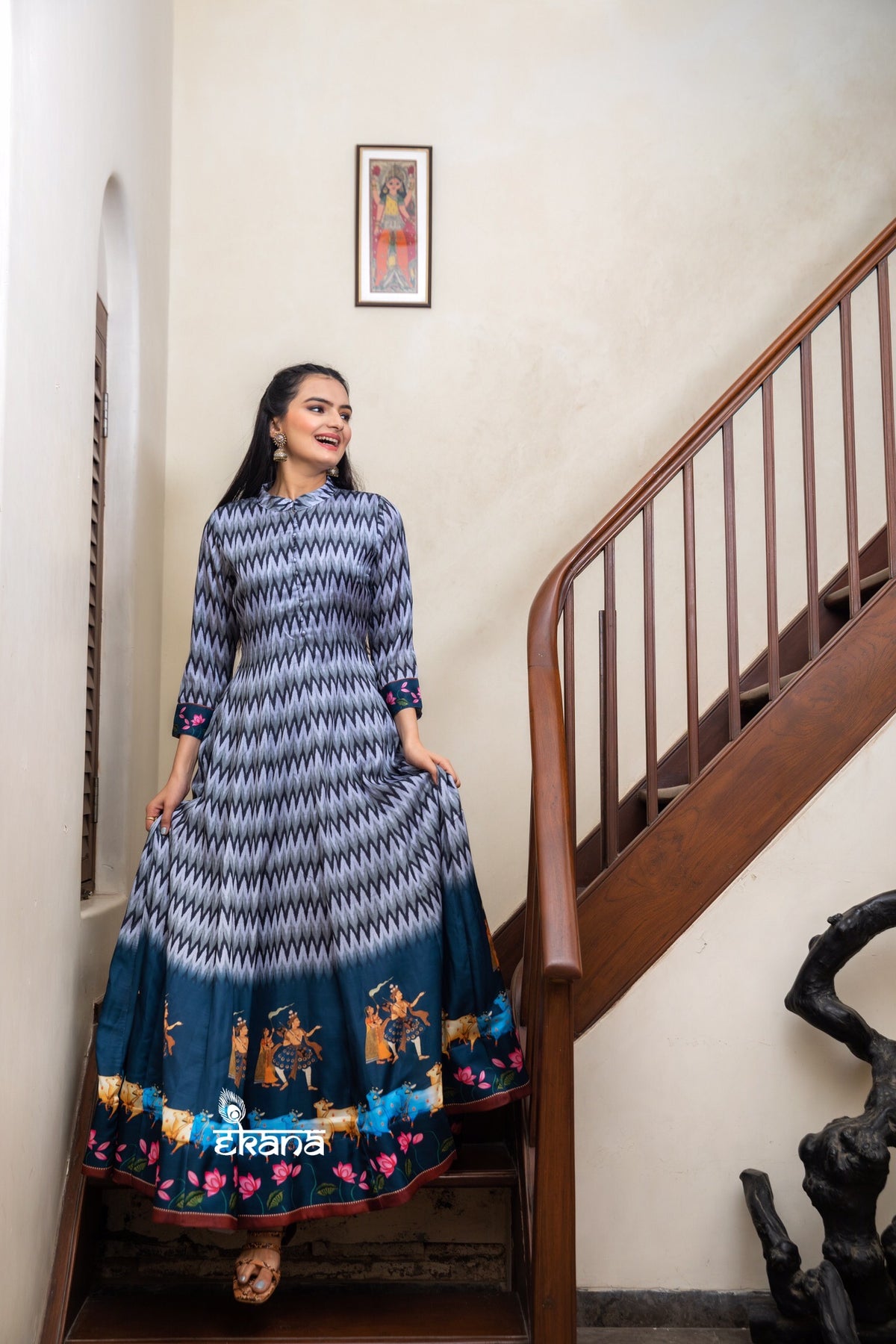 Ikkat Pichwai Blue Gown-Clothing-Ekana Label