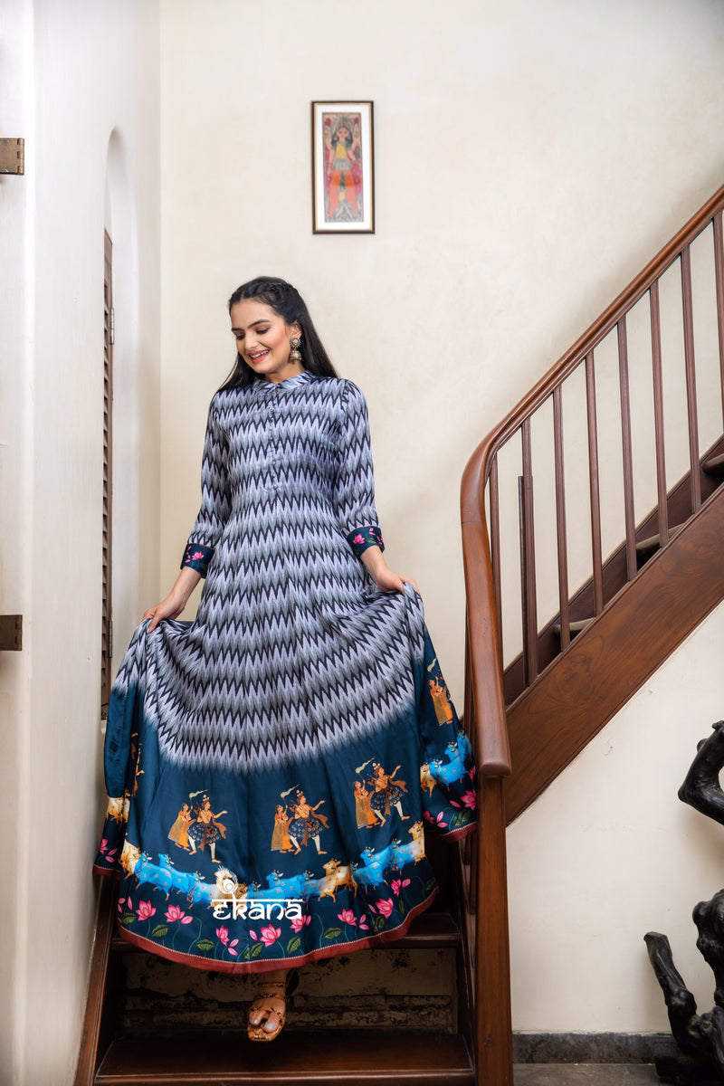 Ikkat Pichwai Blue Gown-Clothing-Ekana Label