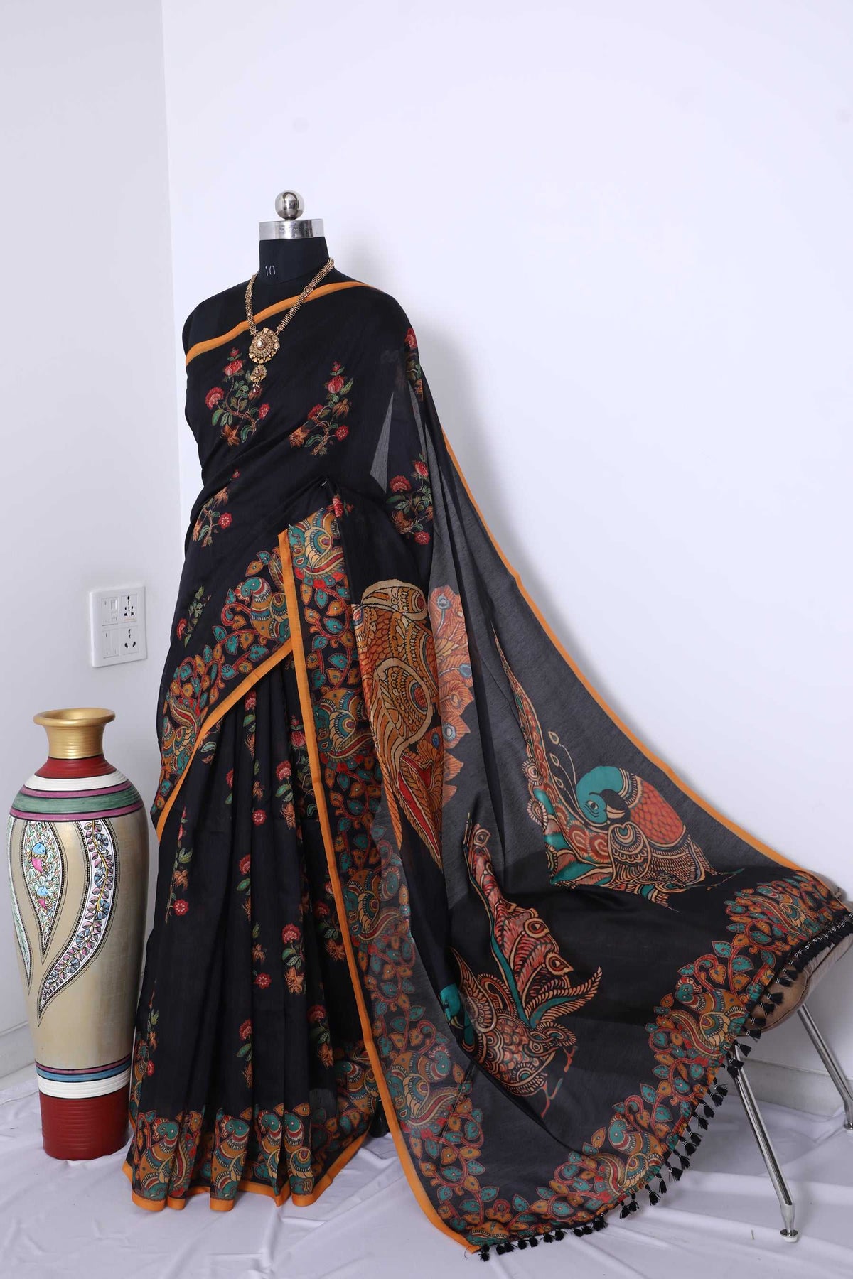 Black Peacock Kalamkari Saree-Saree-Ekana Label