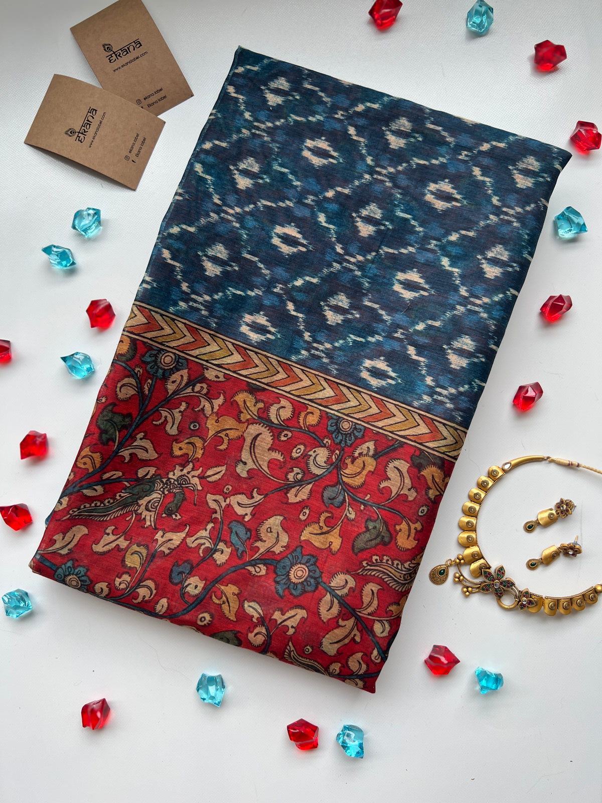 Blazing Blue Ikkat Kalamkari Saree-Clothing-Ekana Label