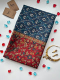 Blazing Blue Ikkat Kalamkari Saree