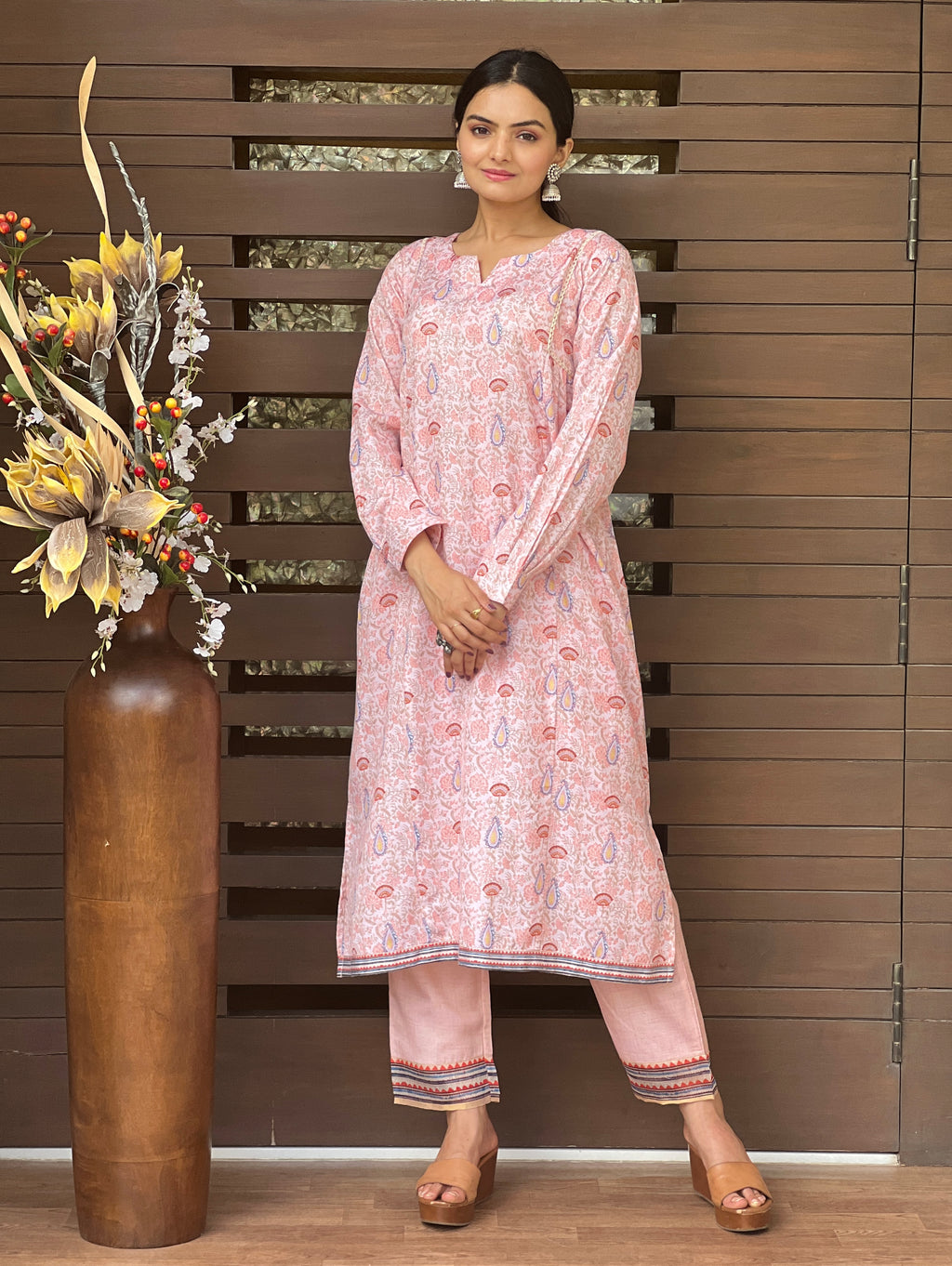 Babyhug 100% Cotton Woven Full Sleeve Floral Printed Kurta & Laheriya Printed Dhoti Set- Pink