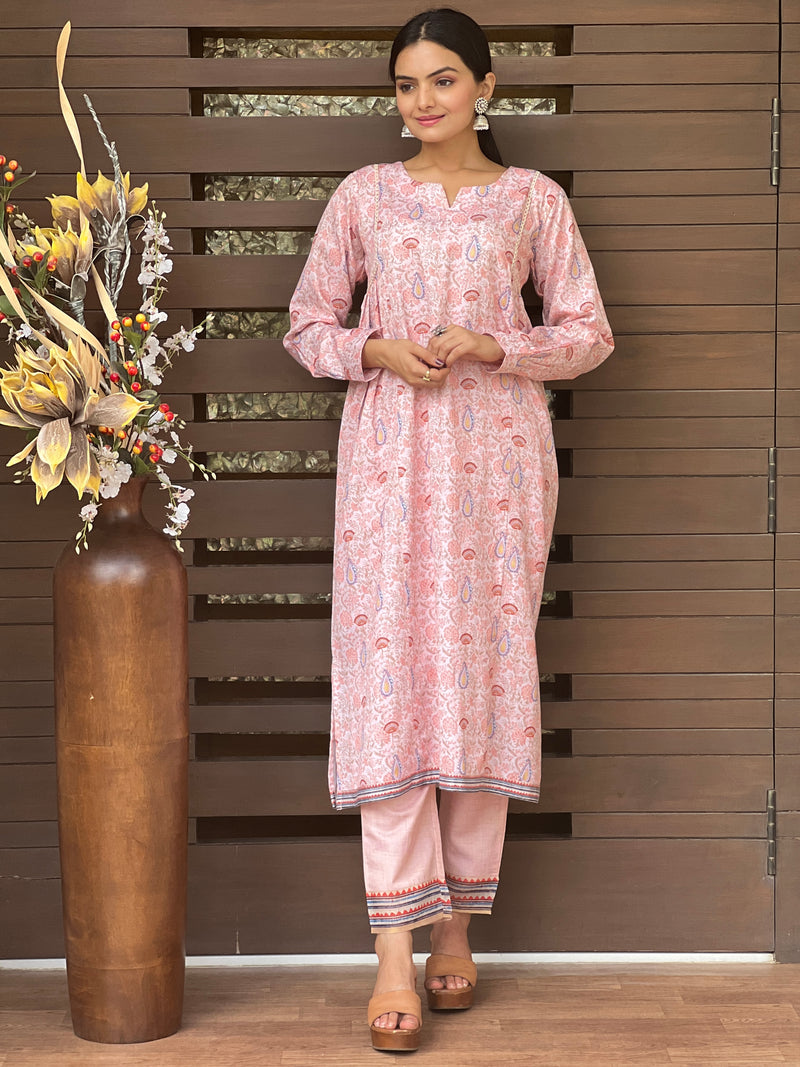 Baby Pink Floral Kurta Set-Suit Set-Ekana Label