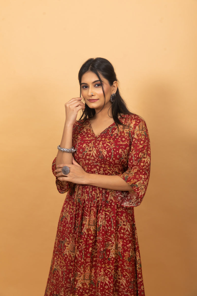 Dadhika Red Patola Dress-Dresses-Ekana Label
