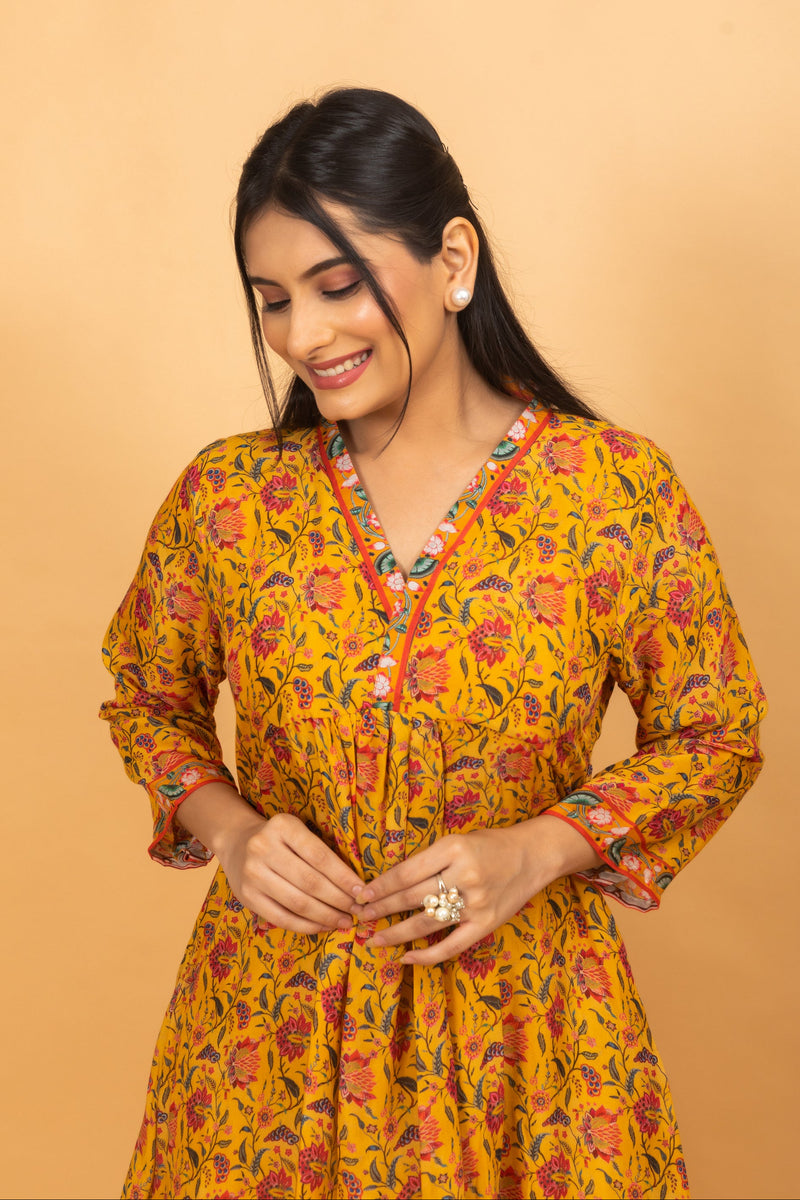 Dahlia Yellow Kalamkari Dress-Dresses-Ekana Label