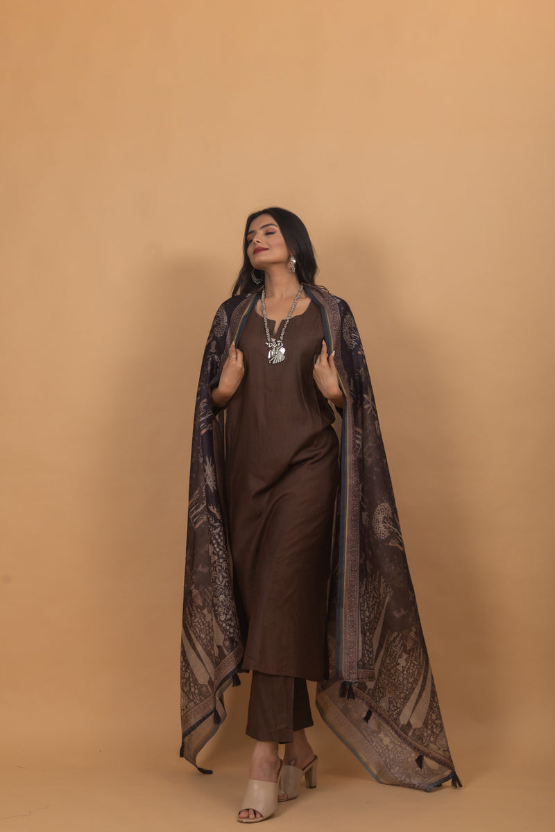 Harita Brown Three Piece Suit Set-Suit Set-Ekana Label