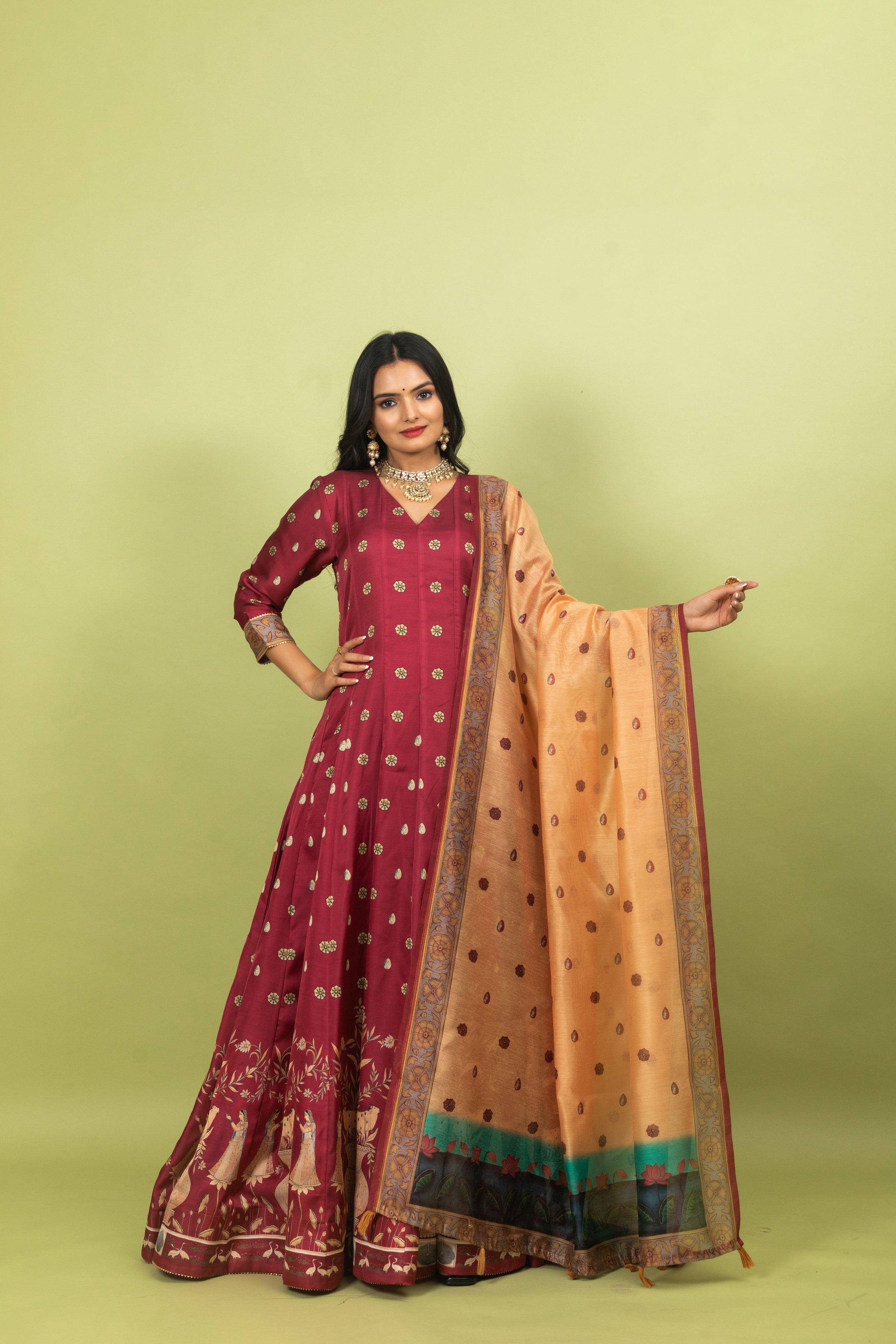 Rosewood Pichwai Gown With Dupatta