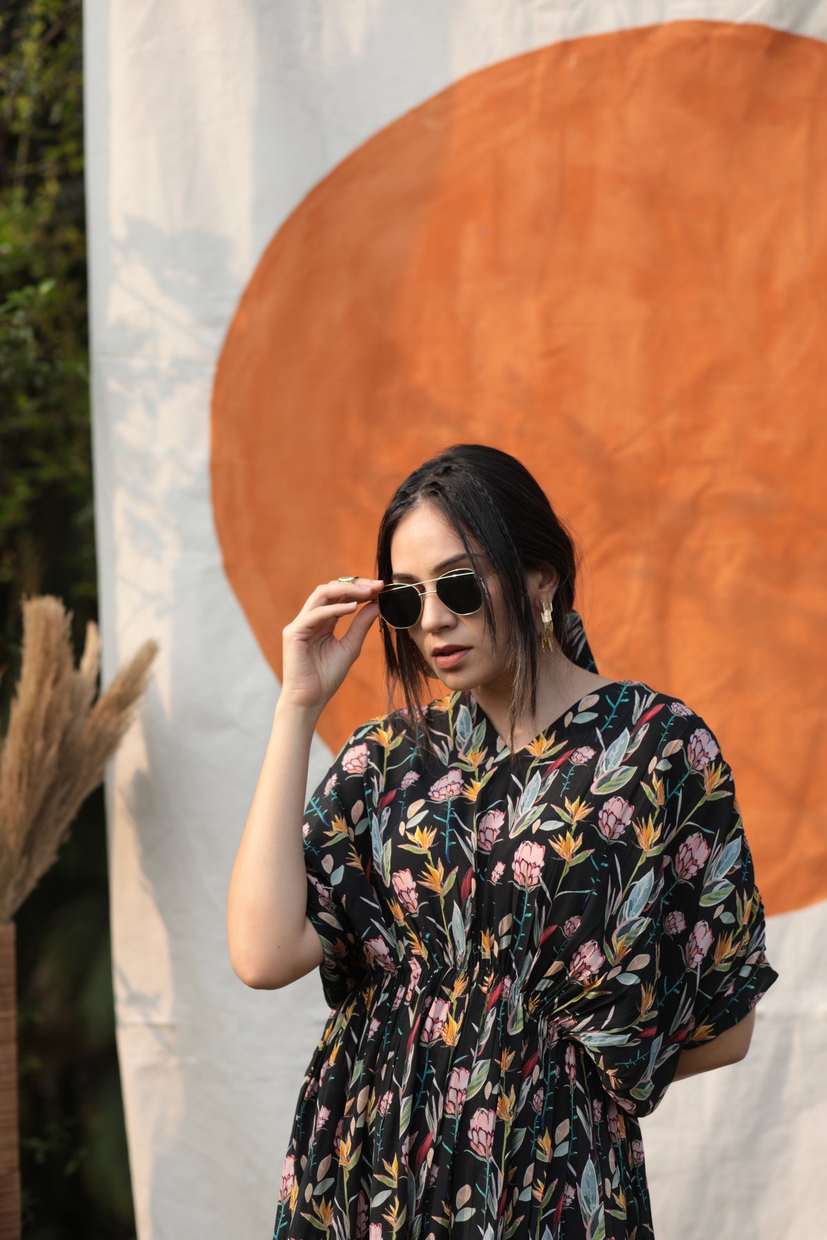 Black Floral Printed Kaftan Co-ord Set-Western-Ekana Label