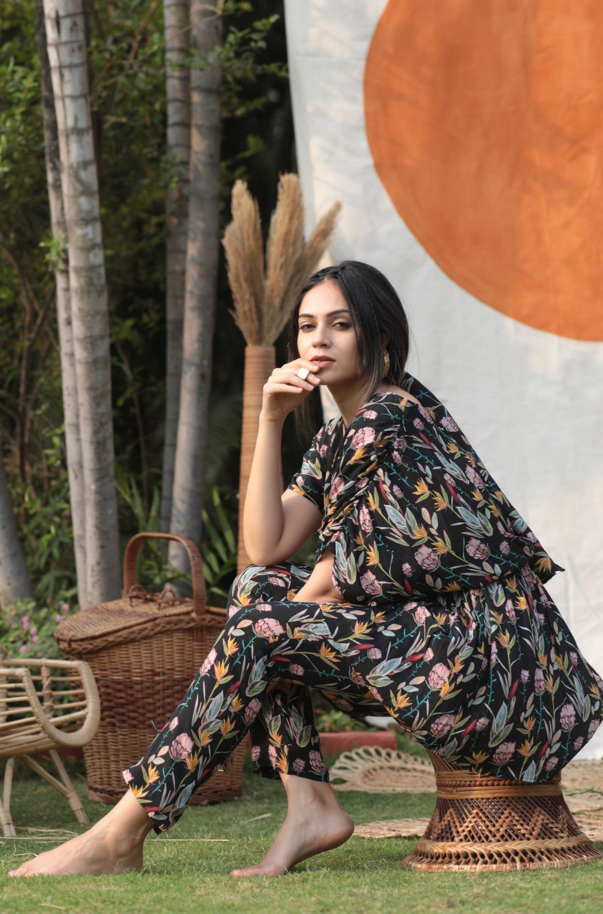 Black Floral Printed Kaftan Co-ord Set-Western-Ekana Label