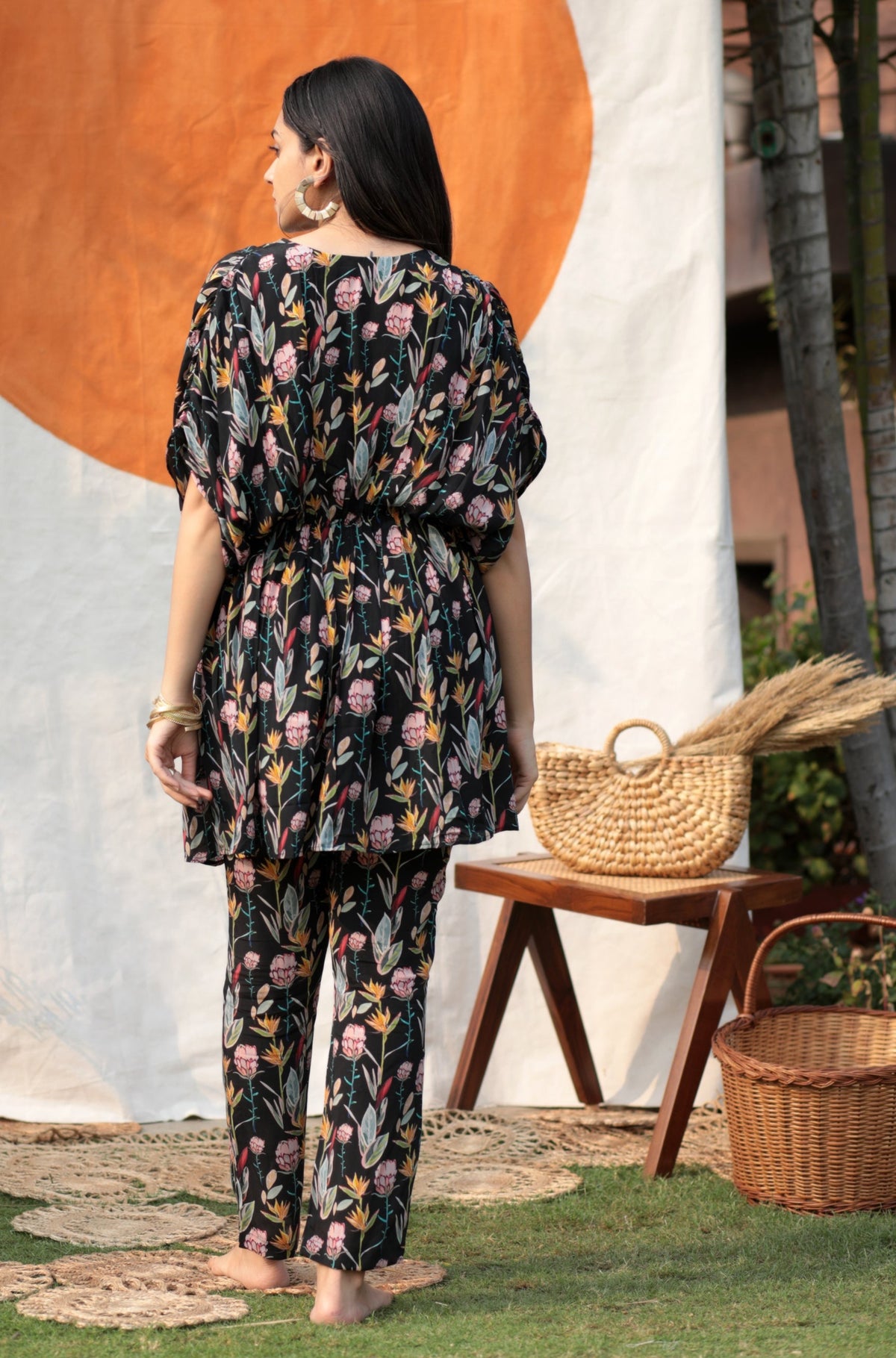 Black Floral Printed Kaftan Co-ord Set-Western-Ekana Label