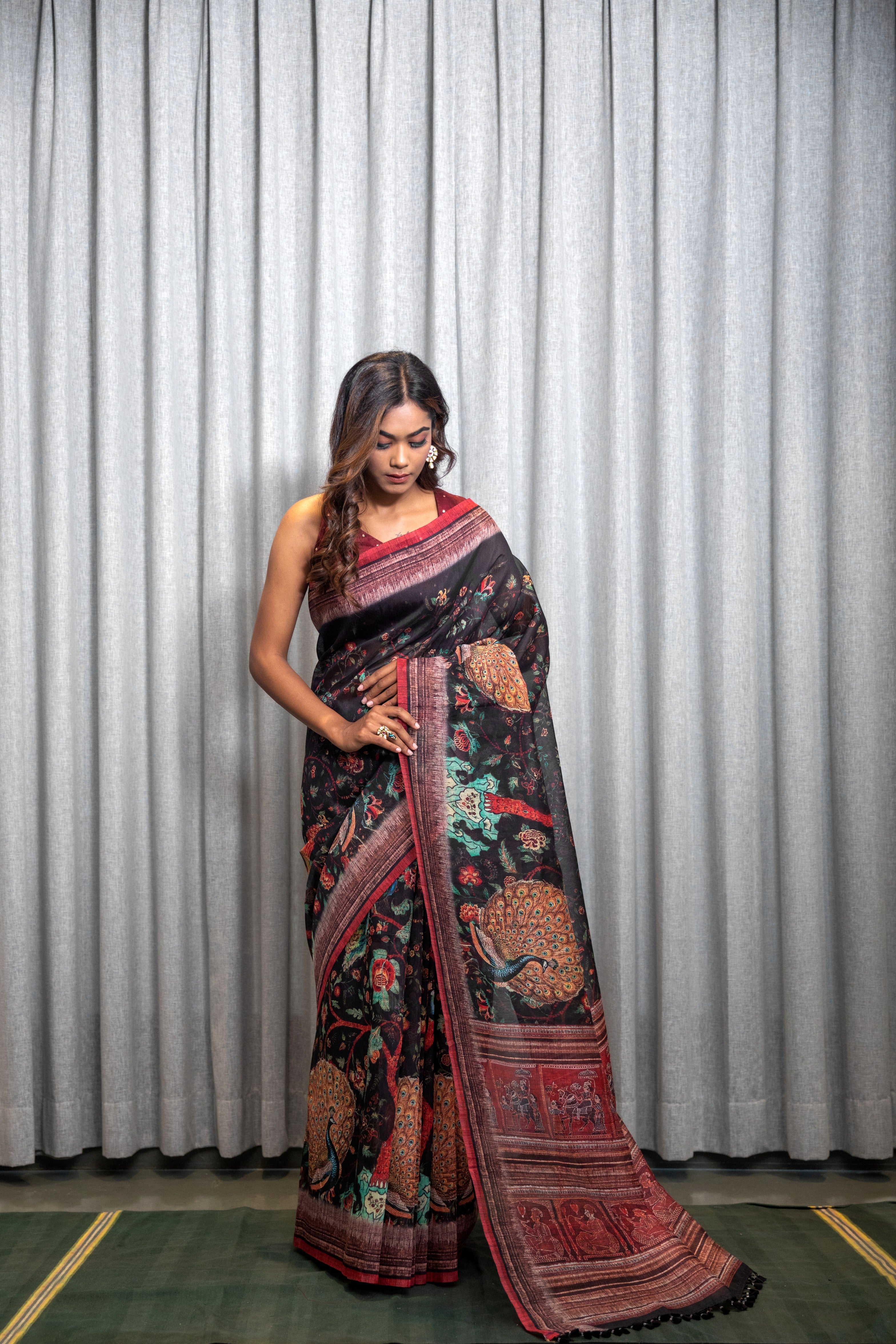 Semi kanjivaram silk saree rust shade and teal green with allover kalamkari  prints and zari woven border at 239000 by Prashanti – Prashanti Sarees