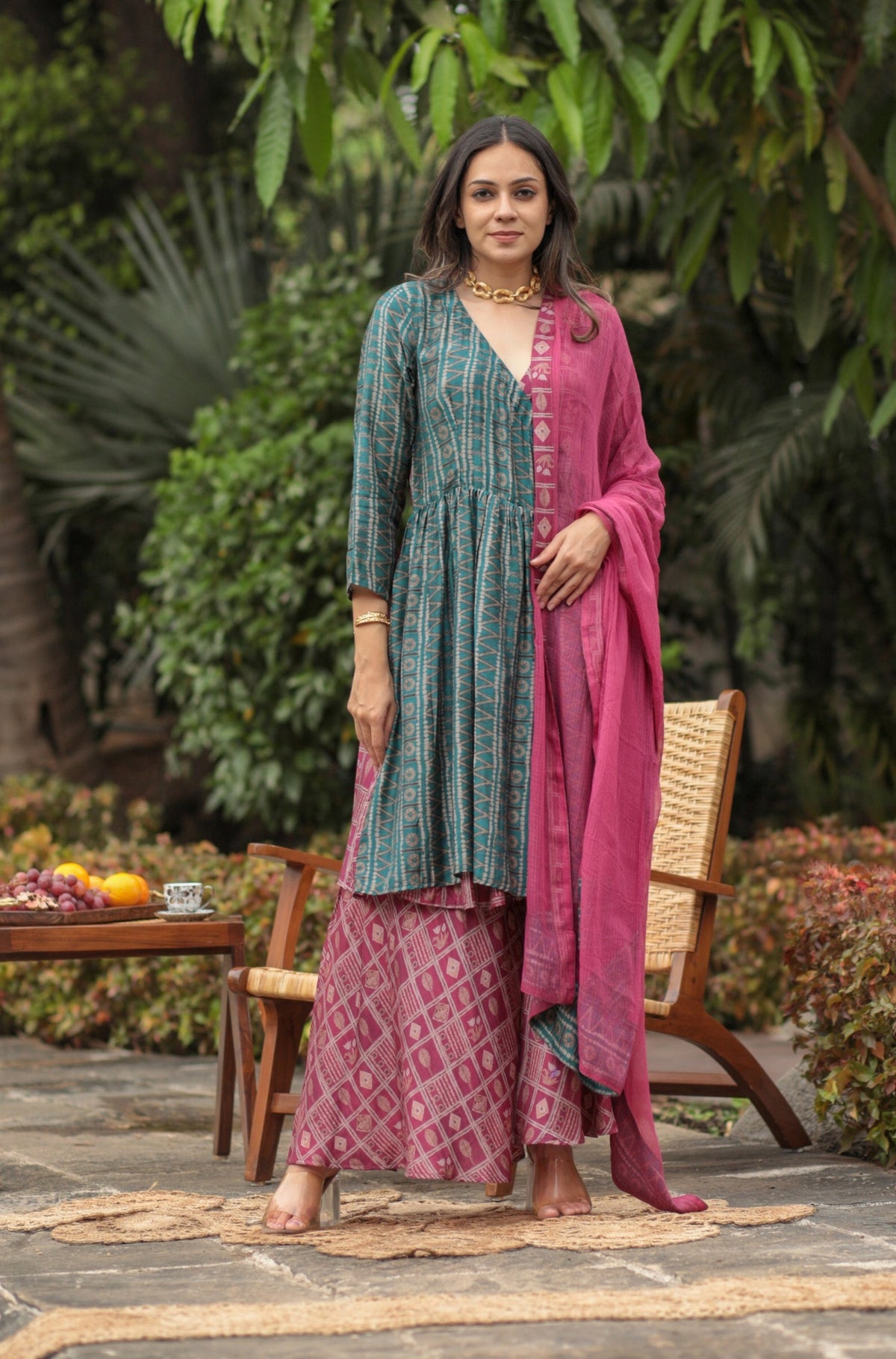 Blue Contrast Overlap Pink Aztec Kurta Set-Western-Ekana Label