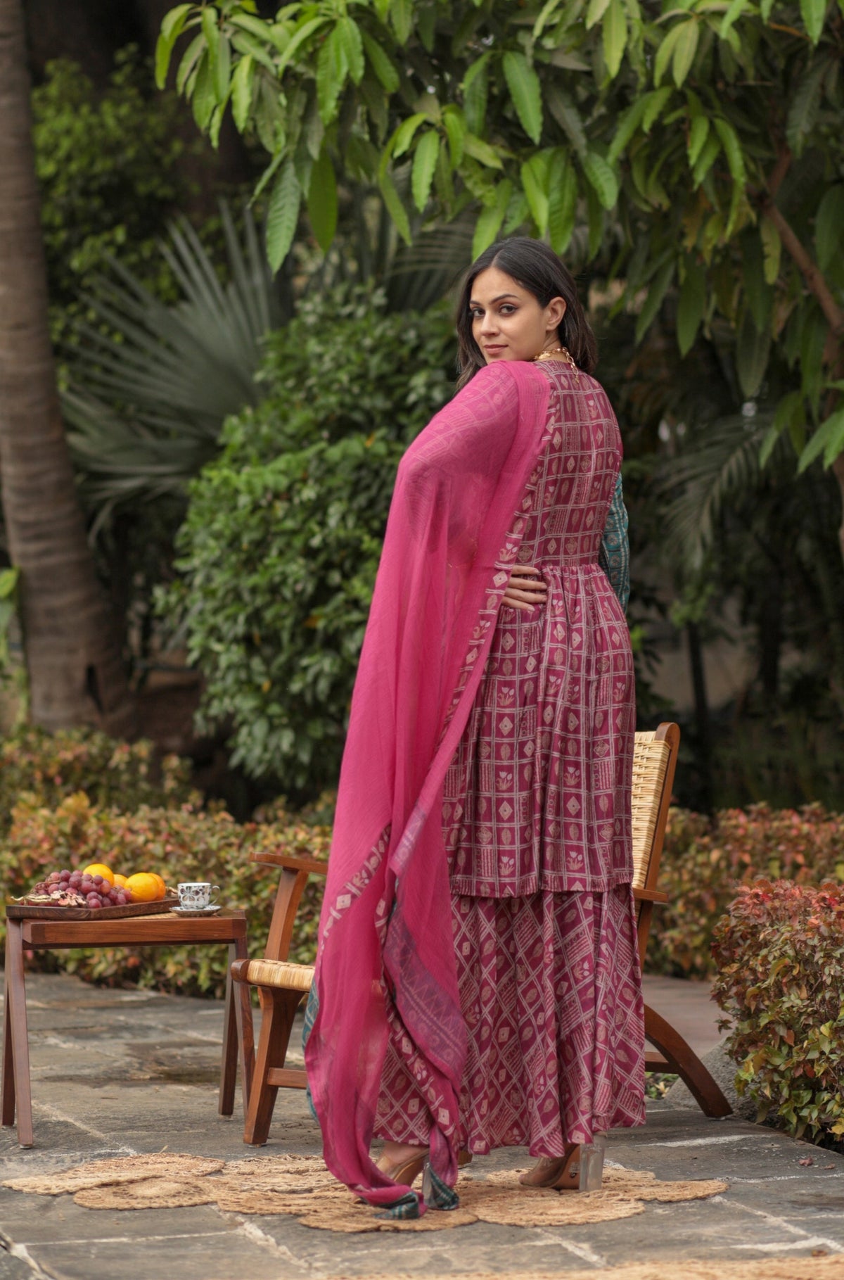 Blue Contrast Overlap Pink Aztec Kurta Set-Western-Ekana Label