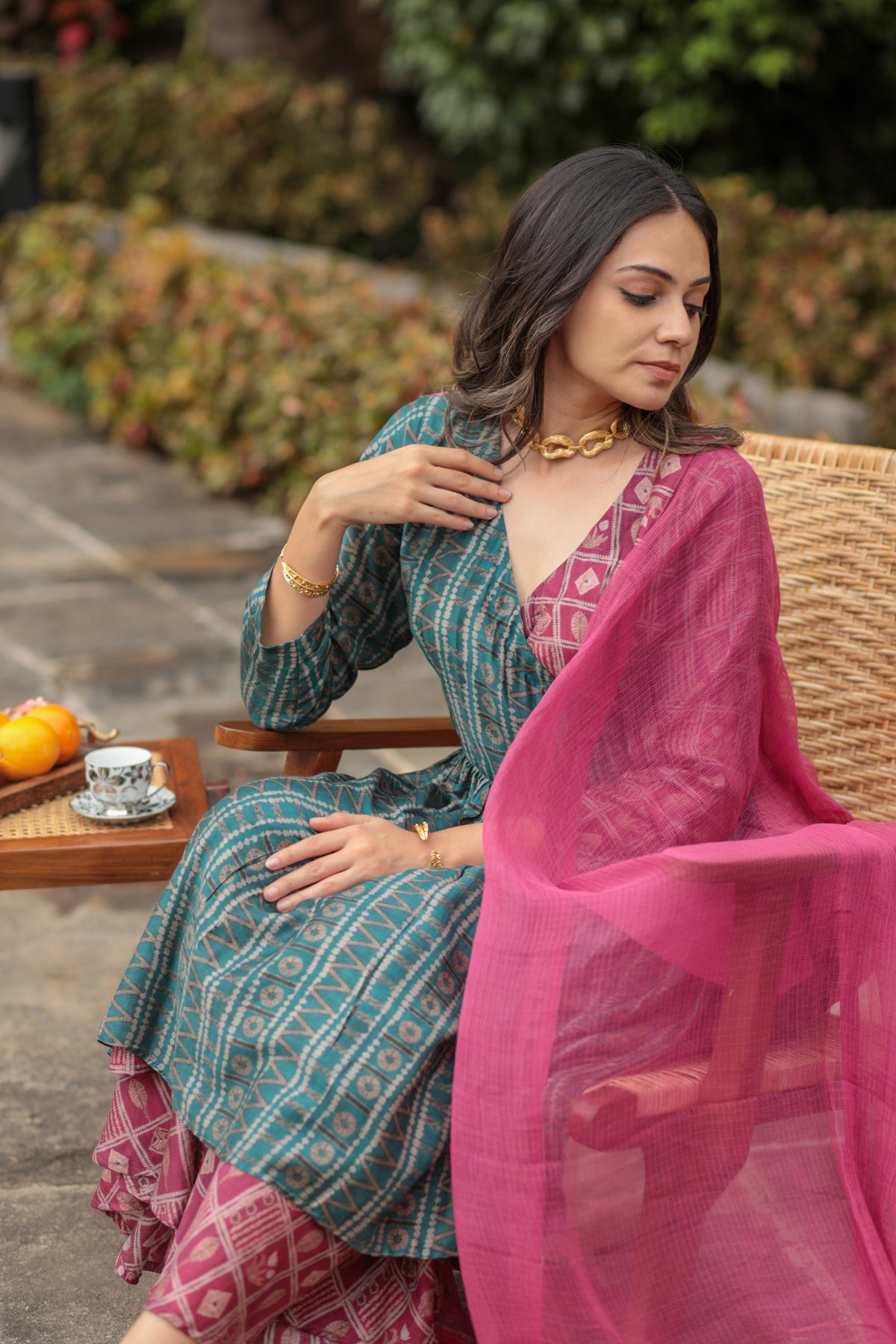 Blue Contrast Overlap Pink Aztec Kurta Set-Western-Ekana Label