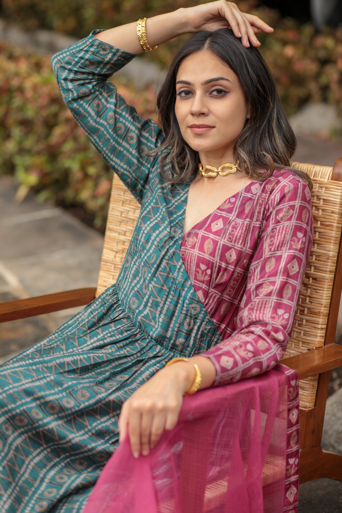 Blue Contrast Overlap Pink Aztec Kurta Set-Western-Ekana Label