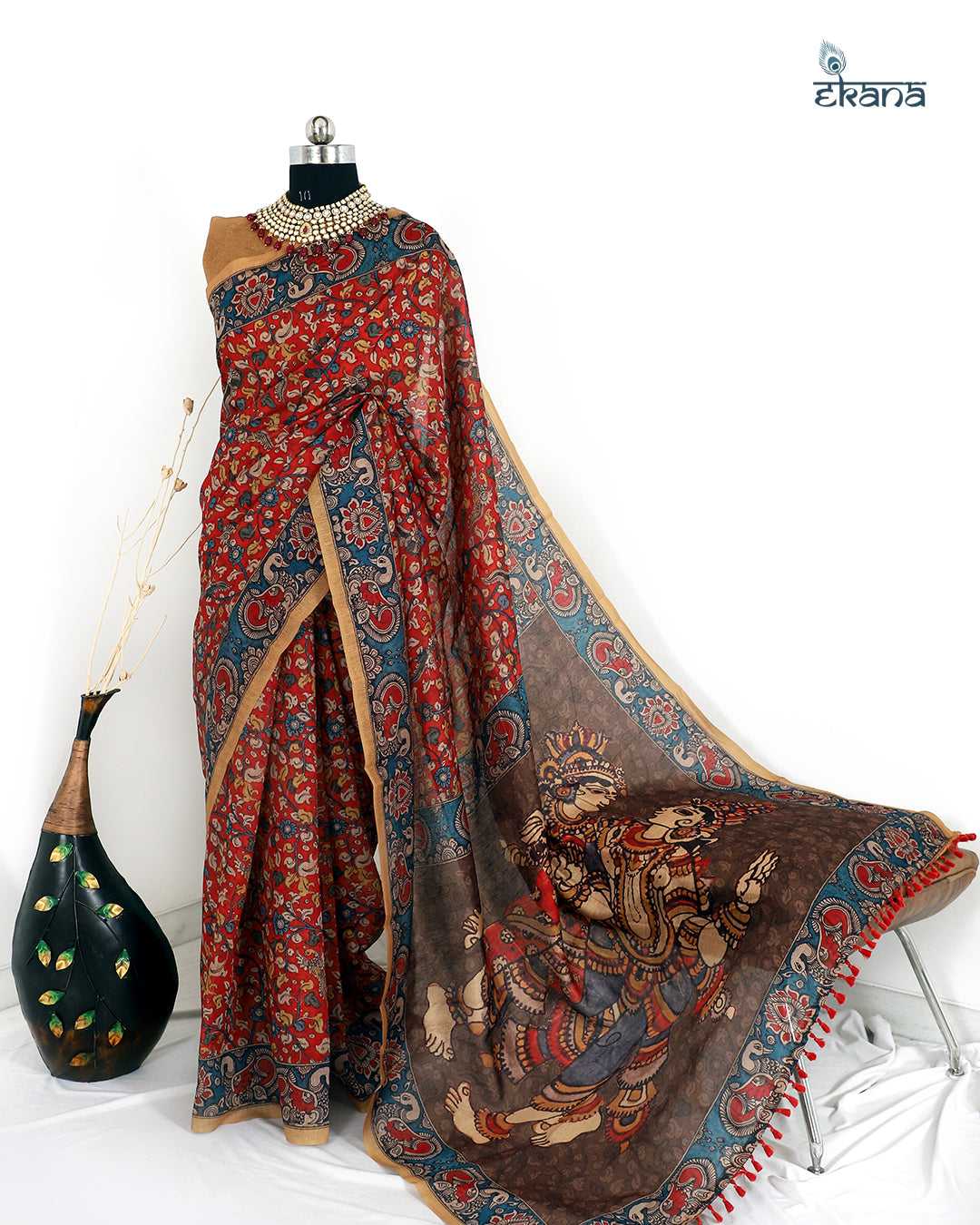 Soulful Red Kalamkari Saree-Saree-Ekana Label